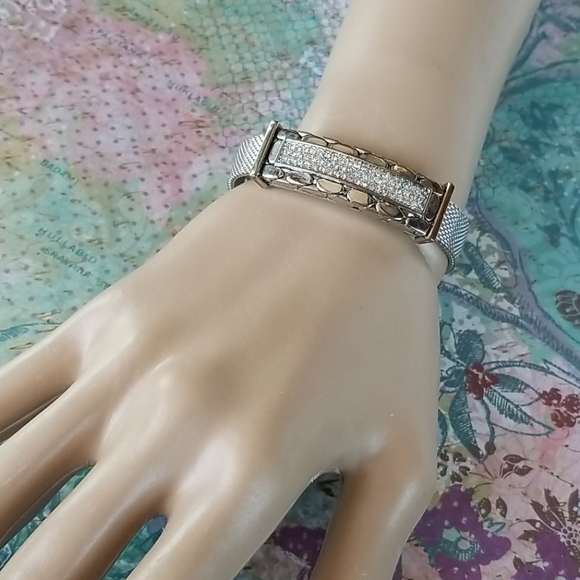 Vintage Buckle Bracelet Metal Mesh Pave Rhinestones Adjustable Band - Picture 5 of 16